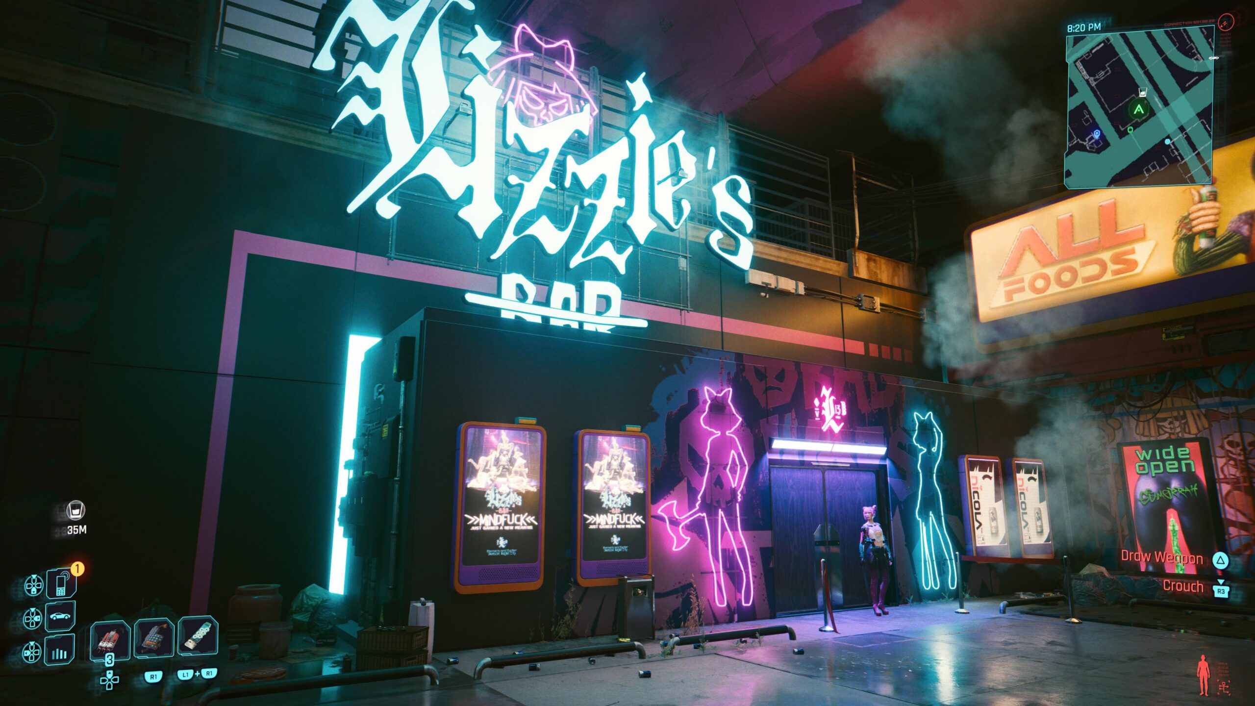 Neon signage outside Lizzie's Bar in Night City at night, reflecting on dry ground, PS5 Pro in Ray Tracing Pro mode