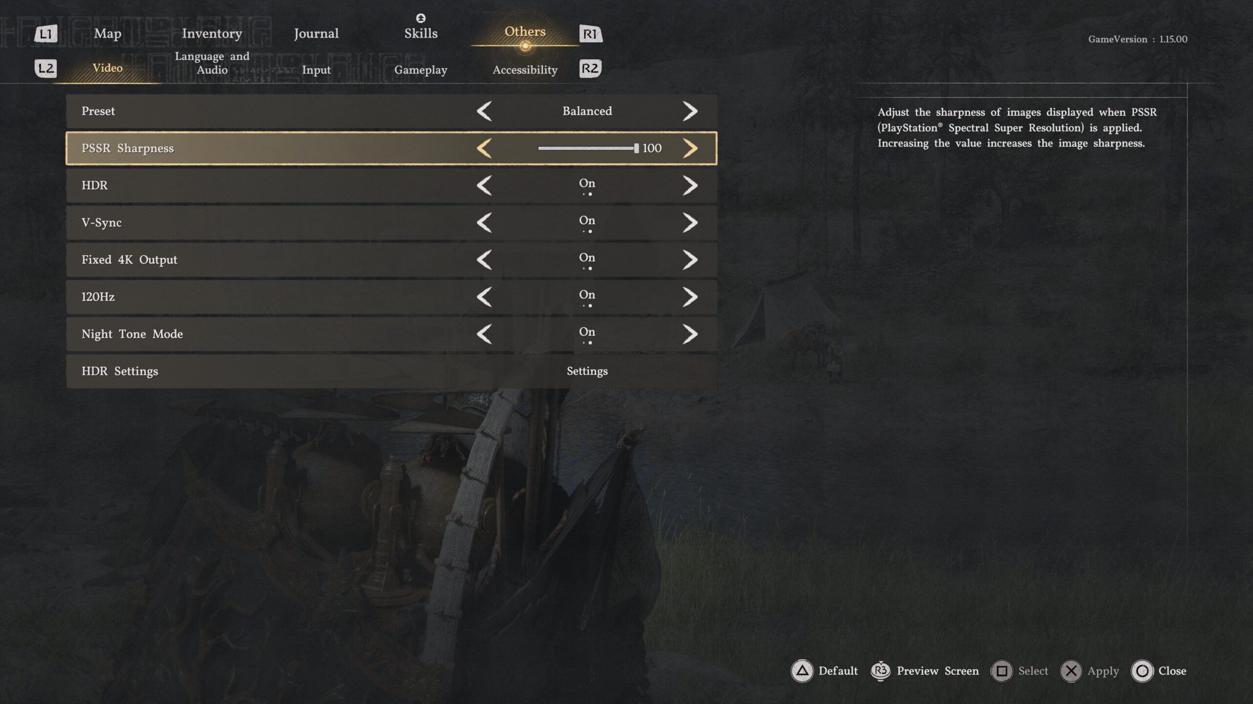 PS5 Pro video settings menu in Crimson Desert version 1.15.00 showing Balanced preset and the PSSR Sharpness slider at 100