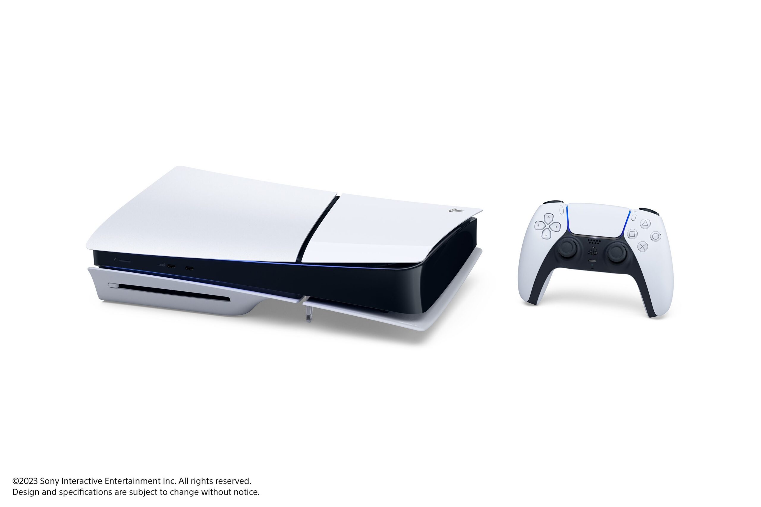 PlayStation 5 console with disc drive and DualSense controller, official Sony Interactive Entertainment press image.