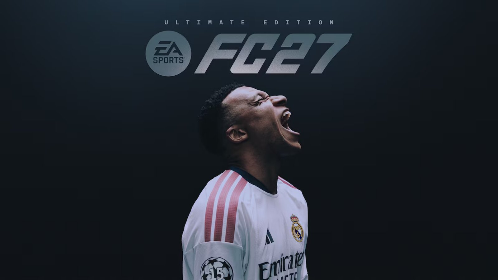 EA Sports FC 27 Ultimate Edition key art, Kylian Mbappe roaring in a white Real Madrid kit against a dark background