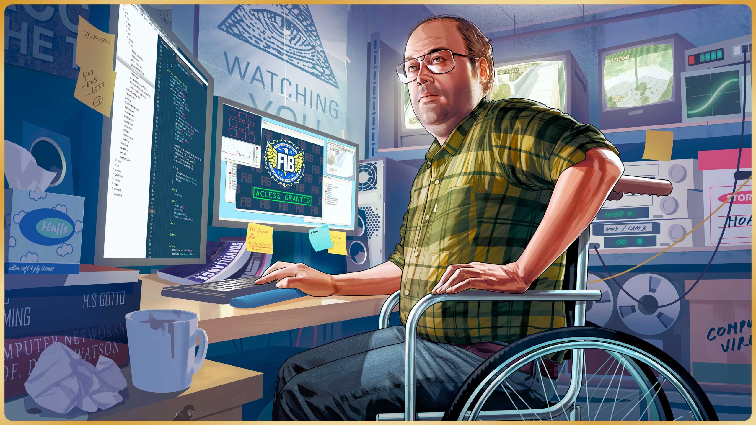 Lester Crest at his computer desk, planning a heist