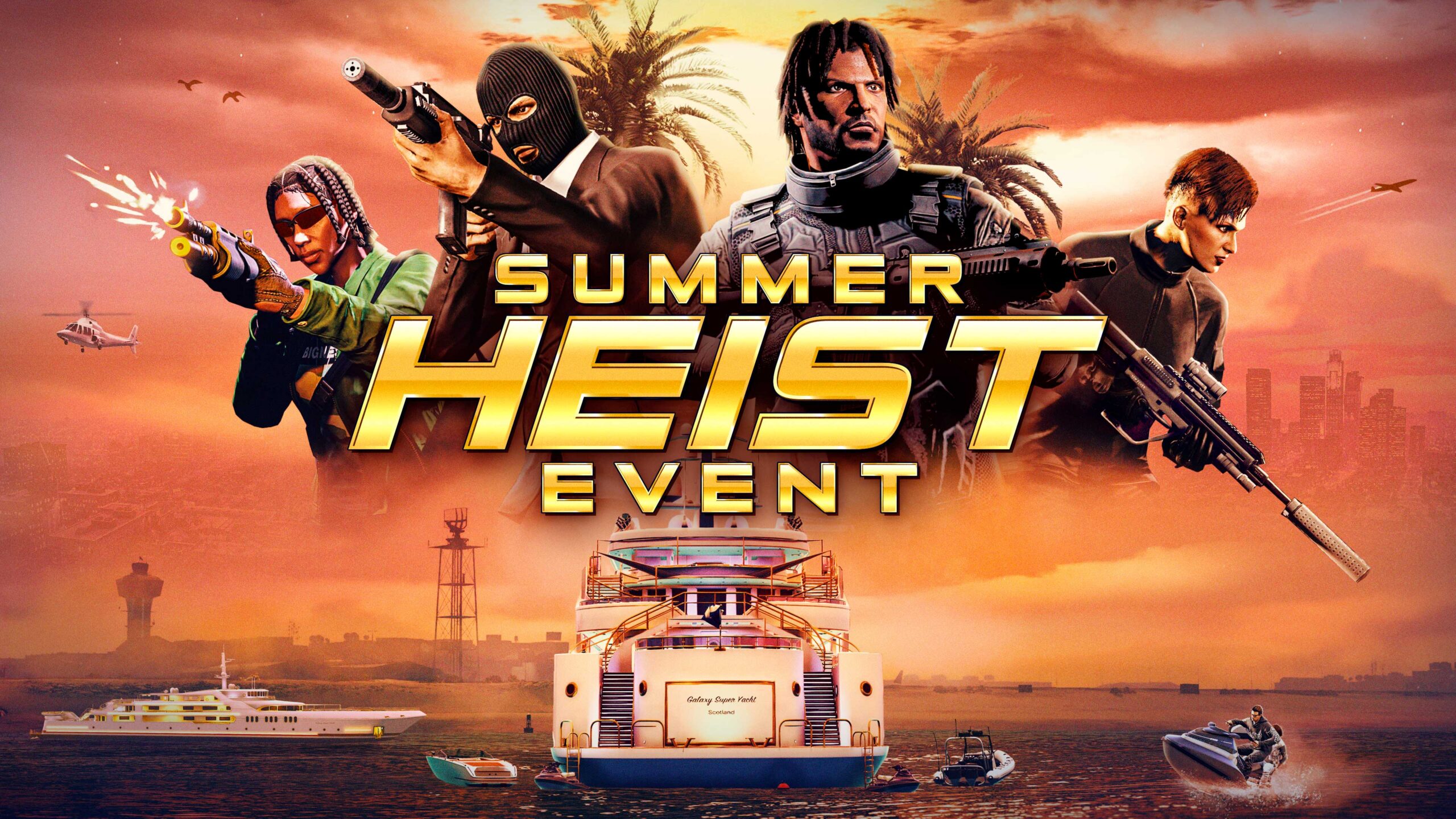 GTA Online Summer Heist Event key art with characters, palm trees and a yacht at sunset