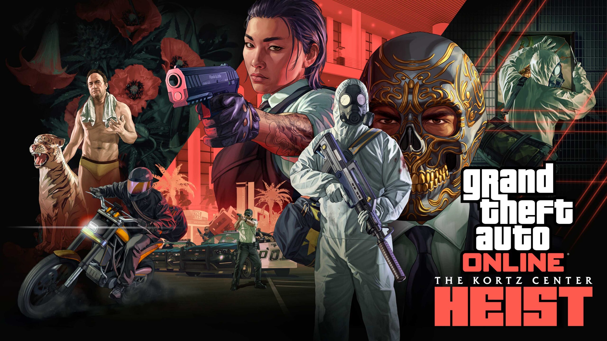 Key art for The Kortz Center Heist update in GTA Online, showing crew members in hazmat suits and a gold skull mask alongside the update logo