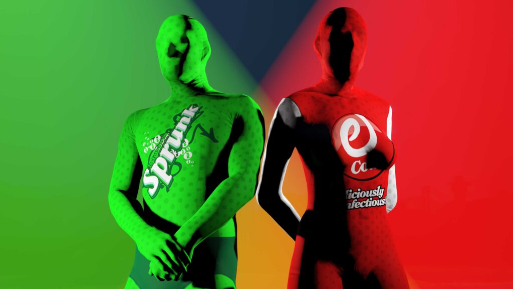 Two GTA Online characters wearing the Sprunk and eCola bodysuits.