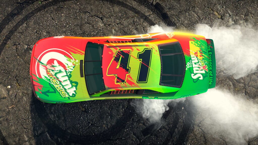 A Hotring Sabre doing donuts in the Sprunk and eCola livery in GTA Online.