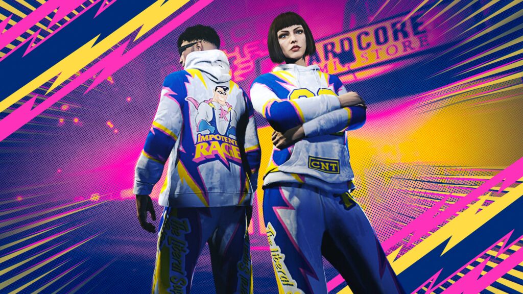 Two GTA Online characters wearing the Impotent Rage Sweatsuit.