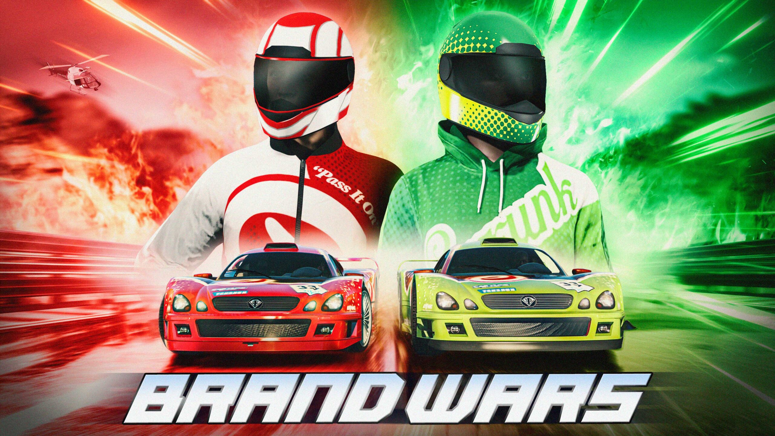 GTA Online Brand Wars poster with characters in Sprunk and eCola branding.