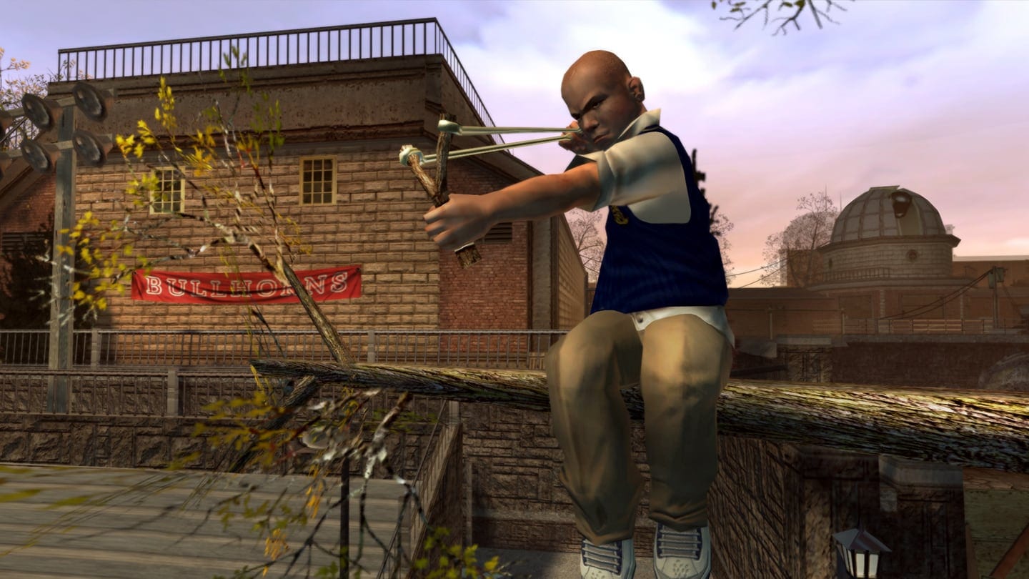 Jimmy Hopkins aiming a slingshot from a tree on the Bullworth Academy campus in Bully. Image: Rockstar Games.