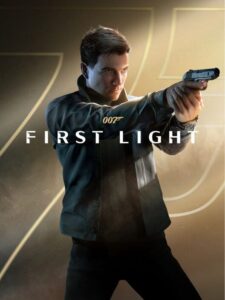 A young James Bond in a dark suit aims a pistol in a two handed grip against a dark background marked with the gold gun barrel motif. Image: IO Interactive.