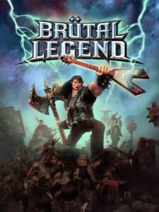 Brutal Legend cover art, Eddie Riggs raising a broadaxe above a battlefield crowd under lightning. Image: Double Fine Productions.
