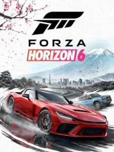 A red sports car and a pale blue pickup drive through water on a road, with cherry blossom, a Japanese city skyline and a snow capped mountain behind. Image: Xbox Game Studios.