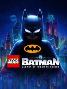 A LEGO Batman minifigure with glowing white eyes and a yellow bat symbol stands against a neon lit Gotham skyline in blue and magenta. Image: Warner Bros. Games.