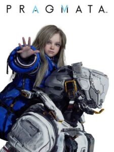 Diana, a young android in a blue jacket, rides on the shoulders of Hugh in a white armoured spacesuit, one hand raised towards the viewer against a white background. Image: Capcom.