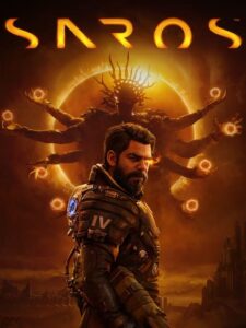An armoured soldier walks forward against a vast orange eclipse, a many armed spined shape looming within it and a ruined city below. Image: Sony Interactive Entertainment.