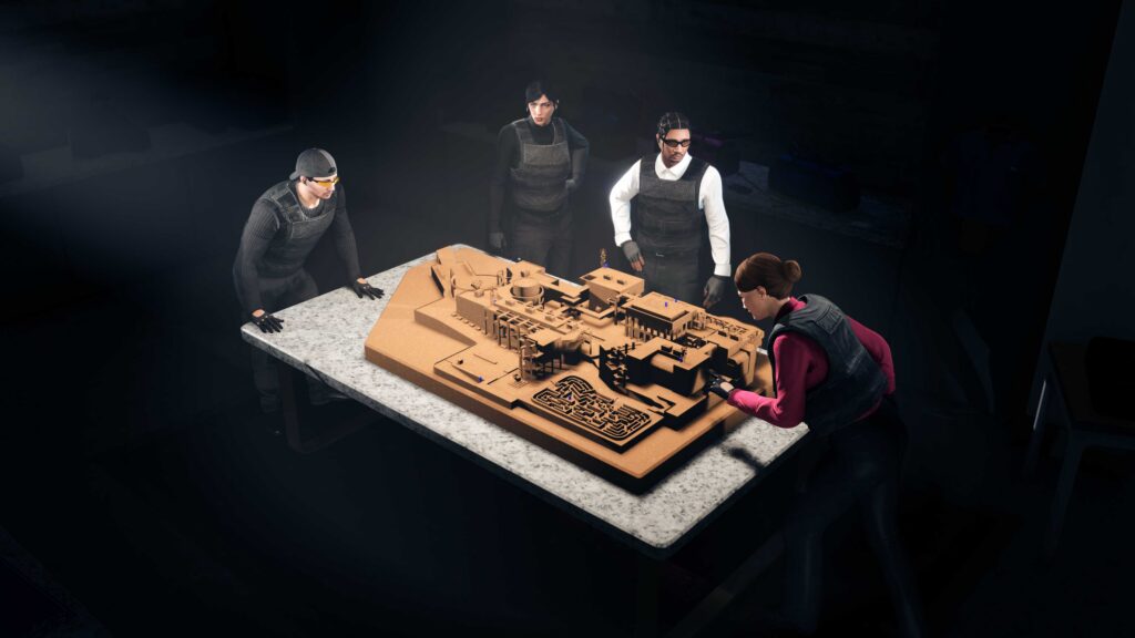 GTA Online characters planning a heist around a table model of the Kortz Center.