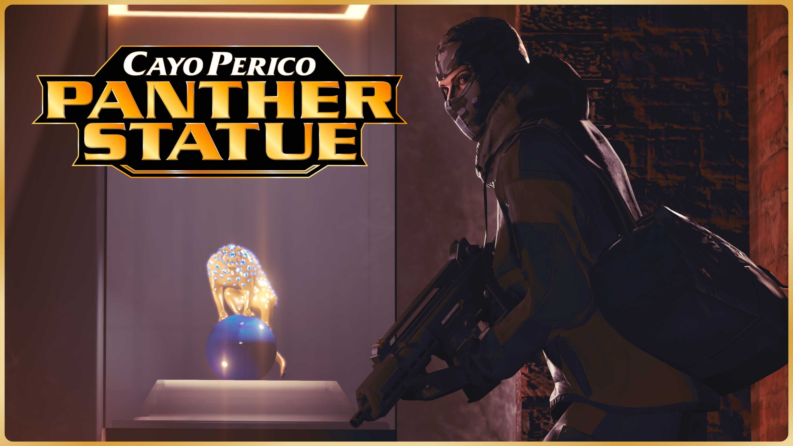 Cayo Perico Panther Statue poster: the jewelled statue in its display case as a masked heister approaches. Image: Rockstar Games.