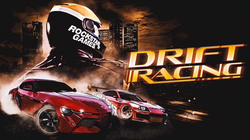 Drift Racing event poster with two cars drifting in GTA Online.