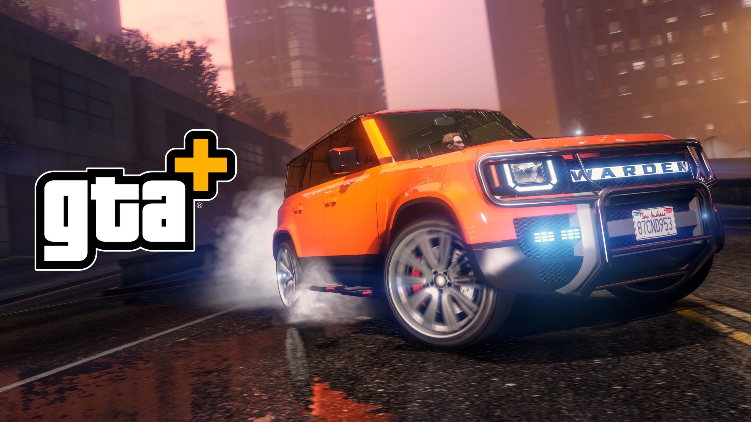 An orange Gallivanter Warden SUV drives through the streets of Los Santos in GTA Online. Image: Rockstar Games.