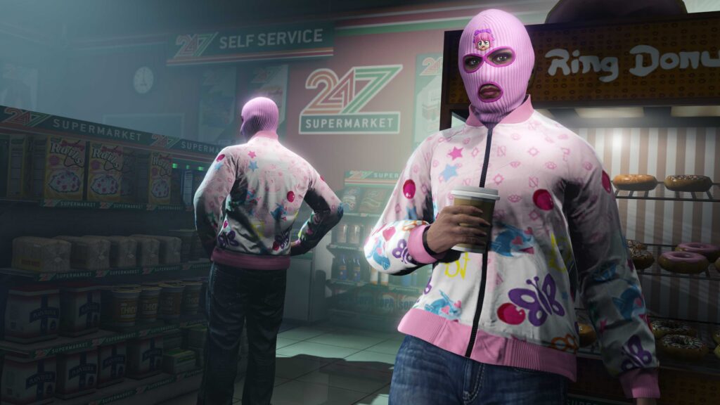 Two GTA Online characters wearing the Sessanta Nove and Princess Robot Bubblegum apparel.
