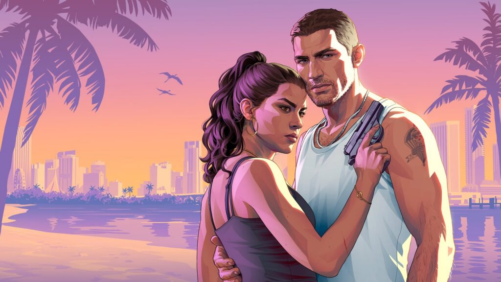 Official GTA 6 key art of Jason and Lucia embracing, Lucia glancing over her shoulder and Jason holding a pistol, with palm trees and the Vice City skyline at sunset behind them. Image: Rockstar Games.