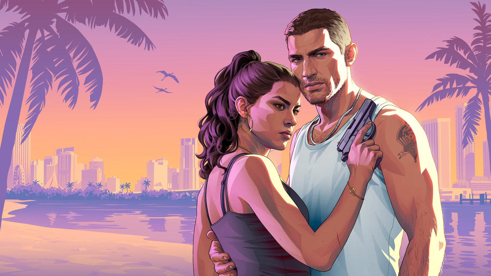 Official GTA 6 key art of Jason and Lucia embracing, Lucia glancing over her shoulder and Jason holding a pistol, with palm trees and the Vice City skyline at sunset behind them. Image: Rockstar Games.