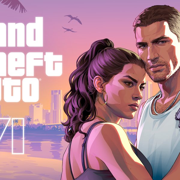 Official Grand Theft Auto VI artwork: Jason and Lucia, key art 3 (with logos)