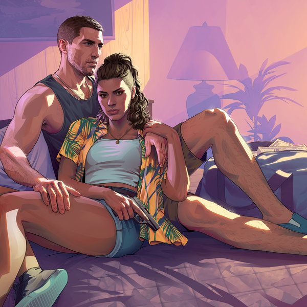 Official Grand Theft Auto VI artwork: Jason and Lucia at the motel