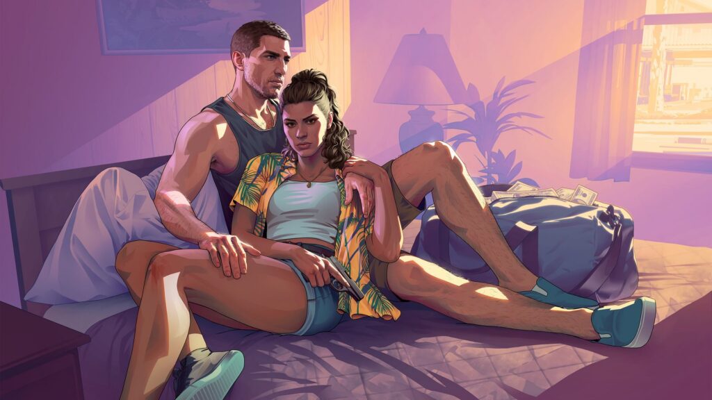 Official GTA 6 art of Jason and Lucia sitting on a motel bed in evening light, Lucia holding a pistol, a duffel bag of cash beside them. Image: Rockstar Games.