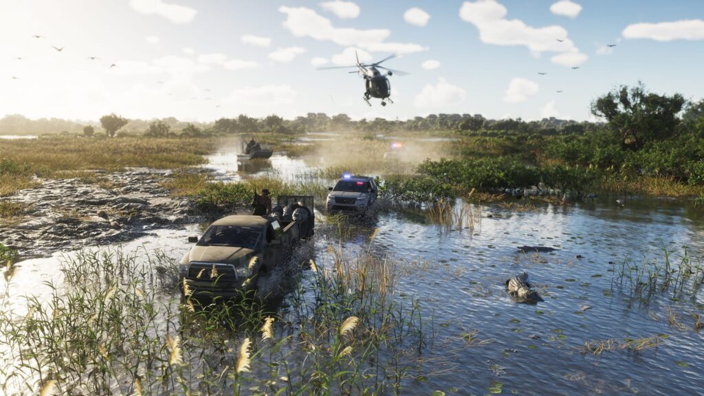 Airboats and a helicopter over the Grassrivers wetlands at dusk, alligators in the shallows. Image: Rockstar Games.