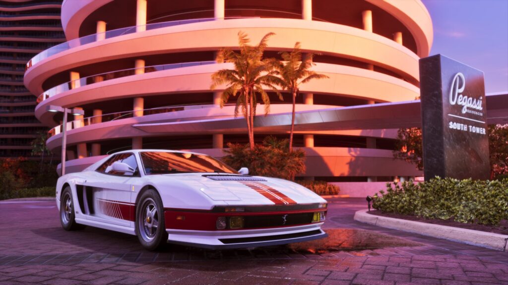 The 95 Grotti Cheetah, a white wedge-shaped supercar with red stripes, outside a spiral car park at sunset. Image: Rockstar Games.