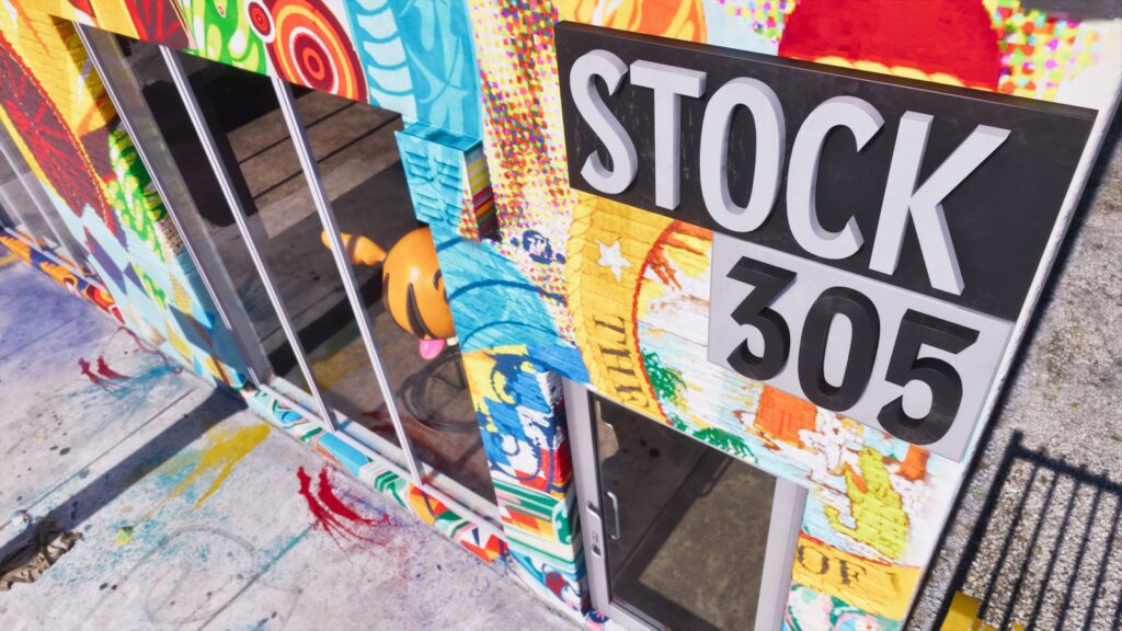 The mural-covered storefront of Stock 305, the in-game clothing store in Vice City. Image: Rockstar Games.