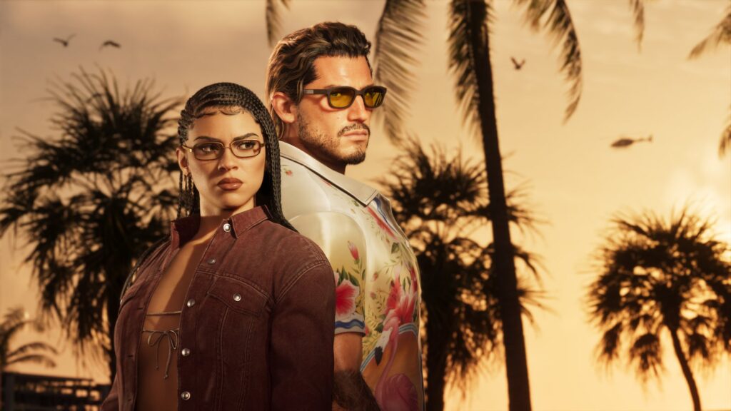 Ultimate Edition art of Jason and Lucia in sunglasses beneath palms at sunset. Image: Rockstar Games.