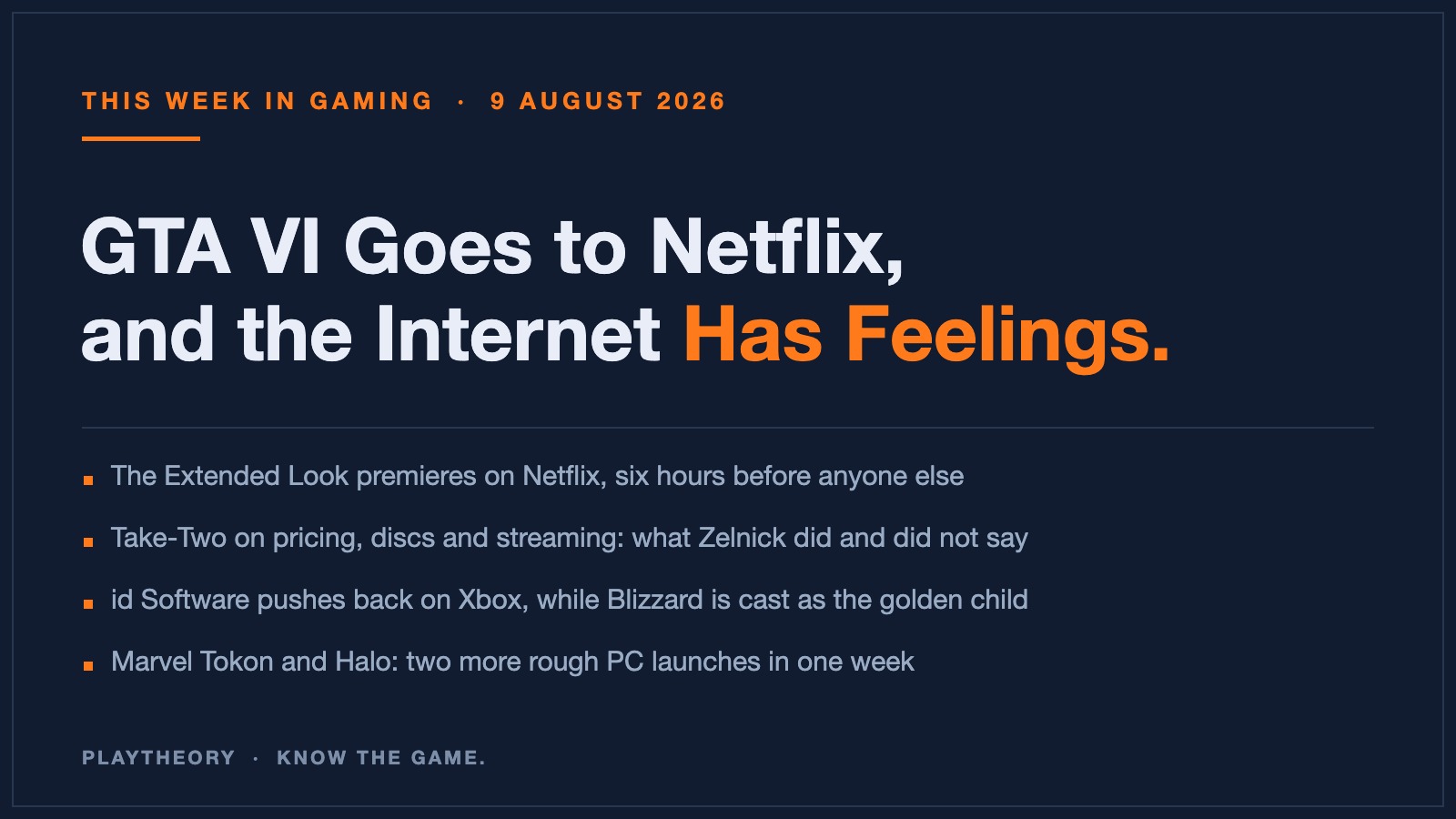 PlayTheory This Week in Gaming cover for 9 August 2026: GTA VI goes to Netflix, with the week's four lead stories listed.