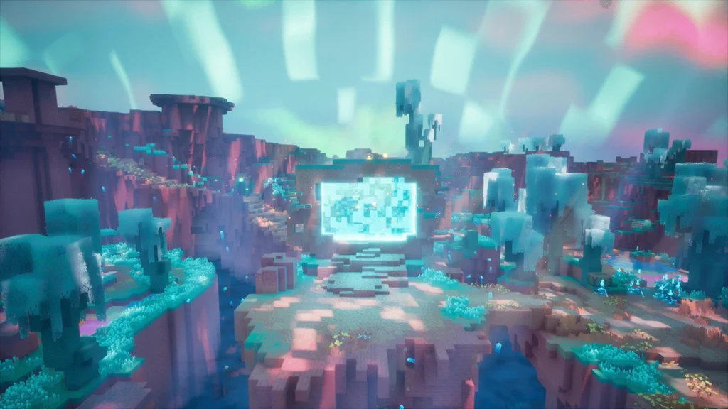 The Sift, Minecraft's new dimension, as shown in Minecraft Dungeons II: a glowing portal on a floating island in a pink and turquoise canyon. Image: Mojang Studios.