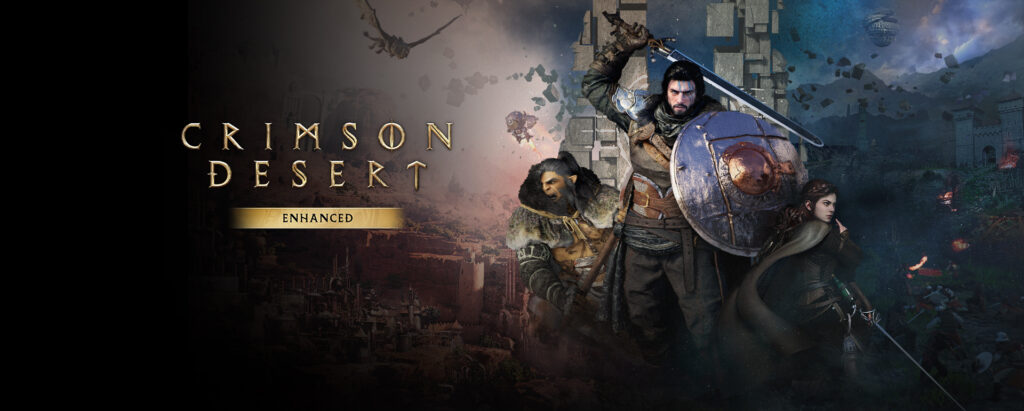 Crimson Desert Enhanced key art: Kliff, Damiane and Oongka in front of the Enhanced title lockup. Image: Pearl Abyss.