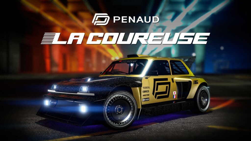 Poster for the gold and black Penaud La Coureuse, the free car for the Business Rivalries Event. Image: Rockstar Games.