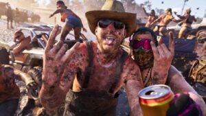 Two mud-covered partygoers at a mud-park party in Ambrosia, a man in a cowboy hat and sunglasses and a masked companion in pink goggles, characters Rockstar has yet to introduce. Image: Rockstar Games.