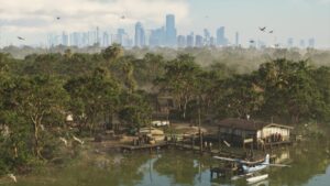 A stilt camp and moored seaplane in the Grassrivers wetlands, the Vice City skyline on the horizon. Image: Rockstar Games.