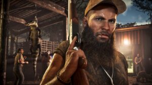 A bearded man in a cap holds a rifle in a Grassrivers boathouse at night, an alligator strung up behind him, a character Rockstar has yet to introduce. Image: Rockstar Games.
