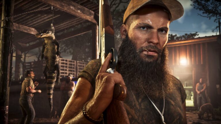 A bearded man in a cap holds a rifle in a Grassrivers boathouse at night, an alligator strung up behind him, a character Rockstar has yet to introduce. Image: Rockstar Games.