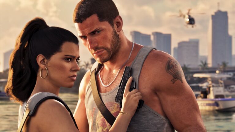 Lucia and Jason stand shoulder to shoulder on a Vice City waterfront, Jason holding a pistol, a helicopter overhead. Image: Rockstar Games.
