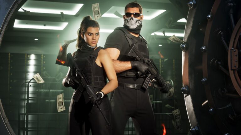 Lucia and Jason in black tactical gear and a skull mask inside a bank vault, cash on the floor. Image: Rockstar Games.