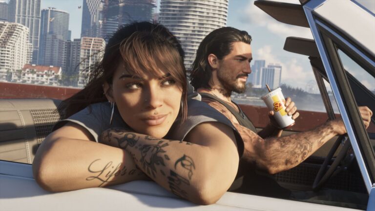 Lucia leans on the bonnet of a car with a drink, Jason beside her, Vice City towers behind. Image: Rockstar Games.