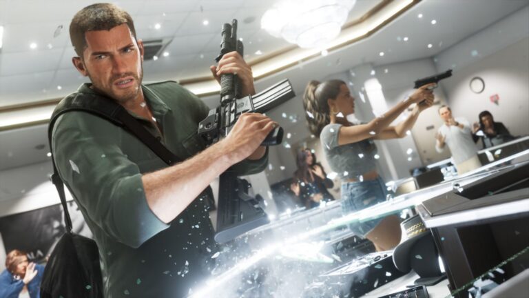 Jason with a rifle and Lucia firing a pistol during a robbery in a bright showroom, a glass display counter shattering. Image: Rockstar Games.