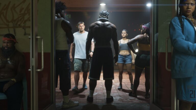 Jason and Lucia, facing the camera, confront the S4S gang from the drug lab scene that opens An Extended Look. Image: Rockstar Games.