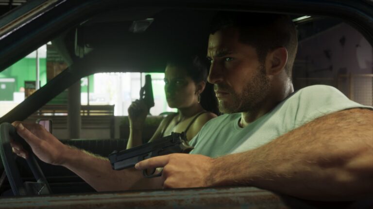 Jason at the wheel of a car with a pistol in hand, Lucia beside him. Image: Rockstar Games.