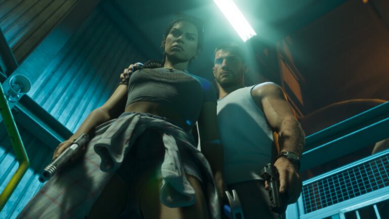 Lucia and Jason on a metal staircase under teal light, both holding pistols. Image: Rockstar Games.