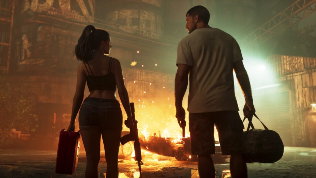 Jason and Lucia walk away from a burning building at night, Jason carrying a duffel bag. Image: Rockstar Games.
