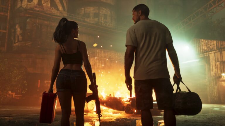 Jason and Lucia walk away from a burning building at night, Jason carrying a duffel bag. Image: Rockstar Games.