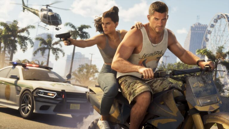 Lucia fires a pistol from the back of a motorbike Jason is riding, a police car behind them. Image: Rockstar Games.